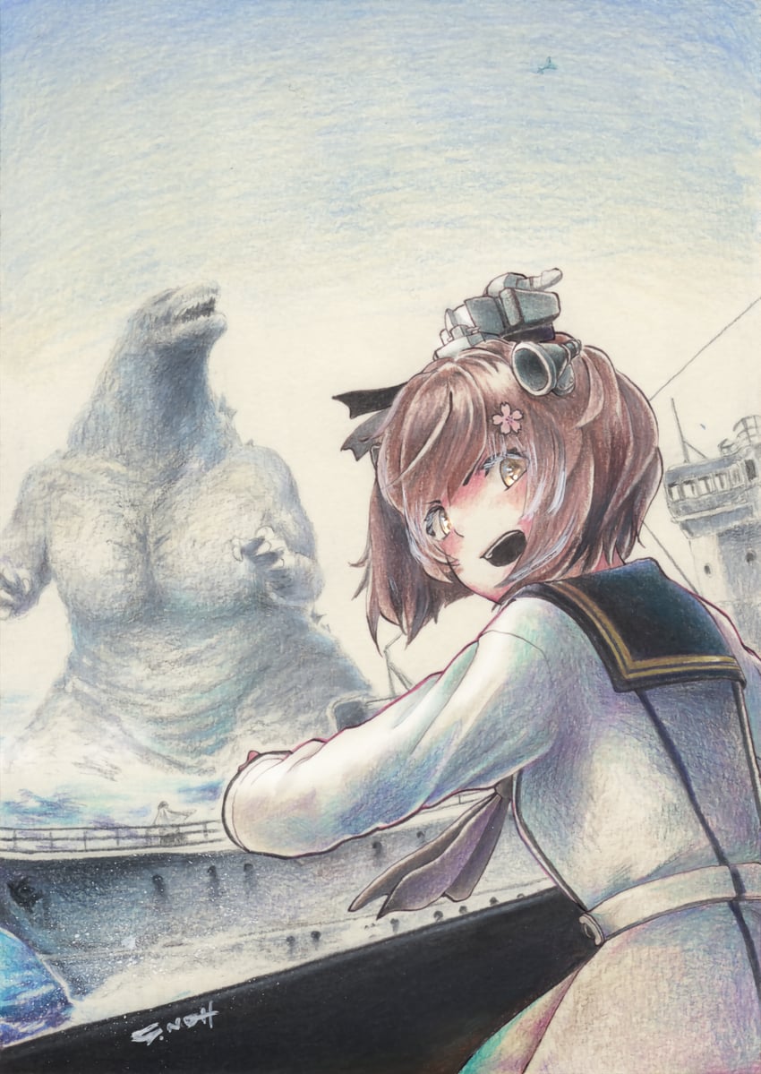 hibiki, yukikaze, godzilla, and yukikaze kai ni (kantai collection and 2 more) drawn by tesun_(g_noh)
