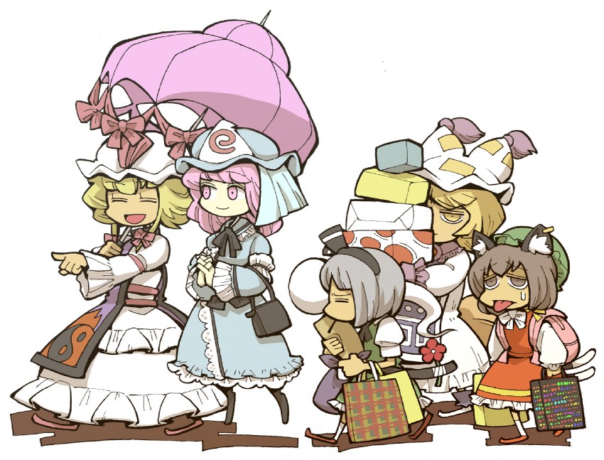 konpaku youmu, yakumo yukari, saigyouji yuyuko, yakumo ran, and chen (touhou) drawn by hounori