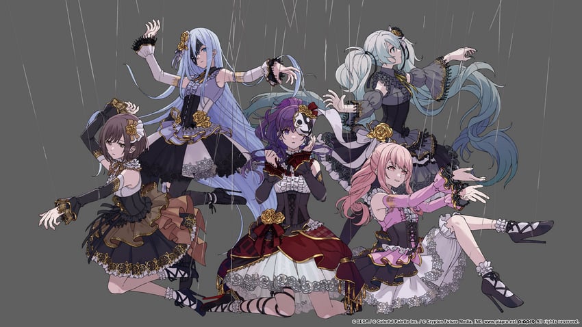 hatsune miku, asahina mafuyu, shinonome ena, akiyama mizuki, yoisaki kanade, and 1 more (vocaloid and 1 more) drawn by rozu_ki