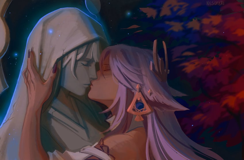 yae miko and statue of the seven (genshin impact) drawn by nesuferi