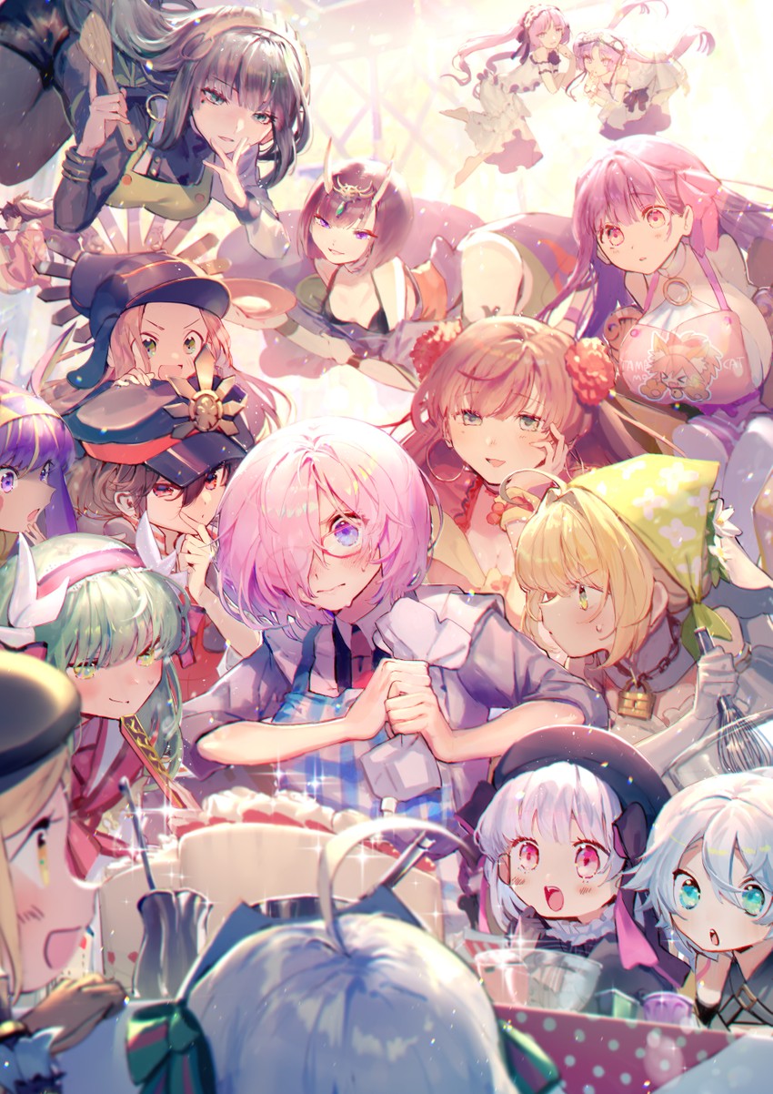 mash kyrielight, tamamo, abigail williams, shuten douji, oda nobunaga, and 14 more (fate and 1 more) drawn by mebaru