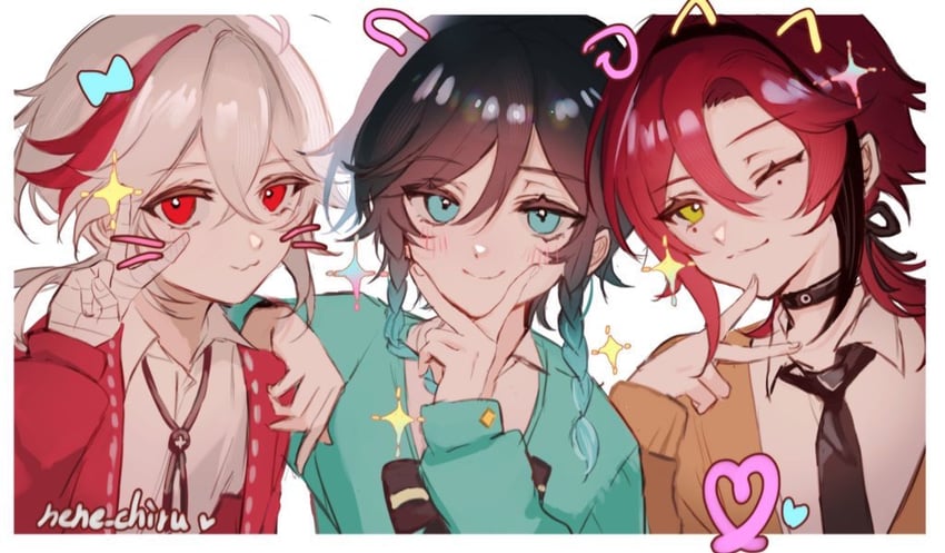 venti, kaedehara kazuha, and shikanoin heizou (genshin impact) drawn by nene_chiru