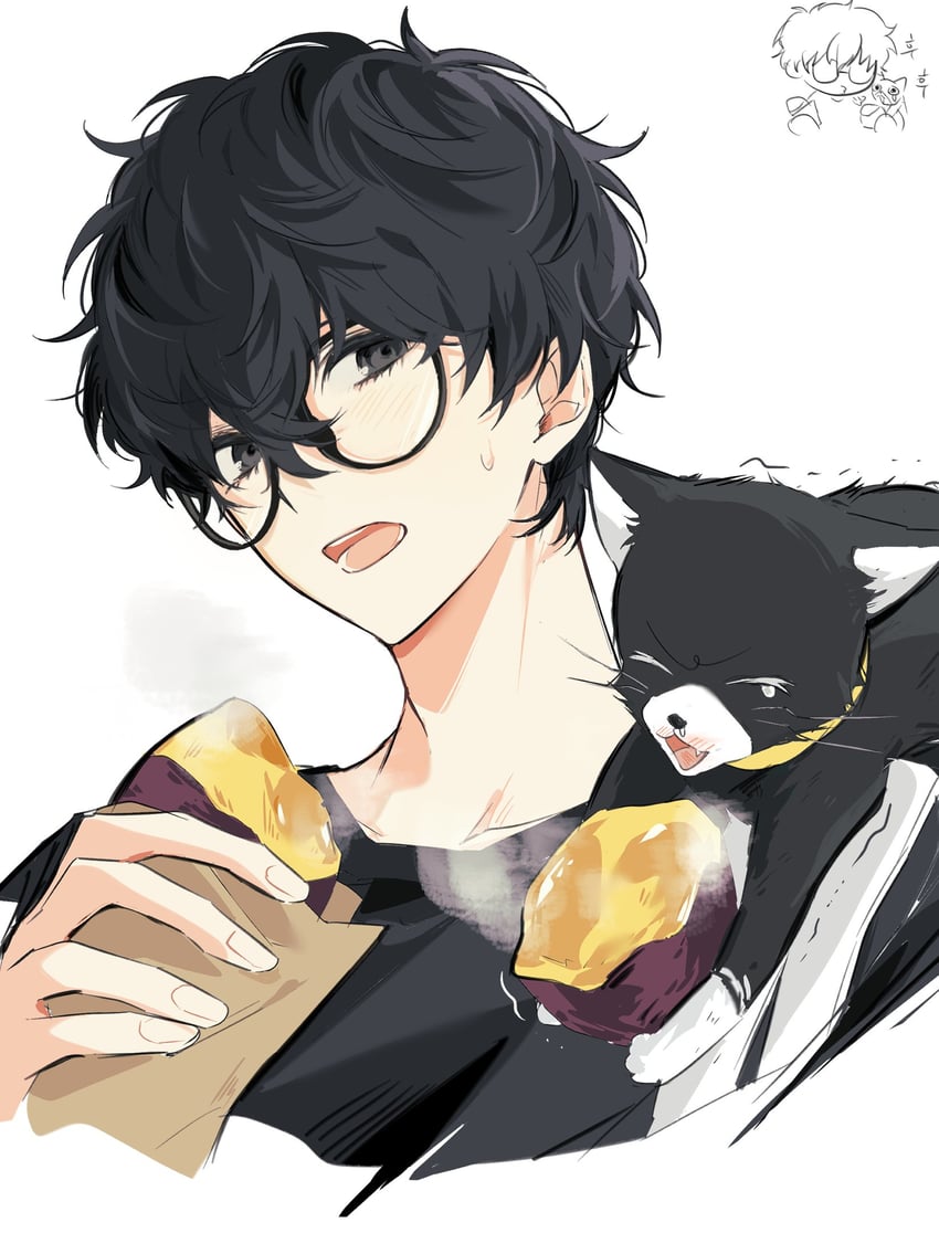 amamiya ren and morgana (persona and 1 more) drawn by mnce_o