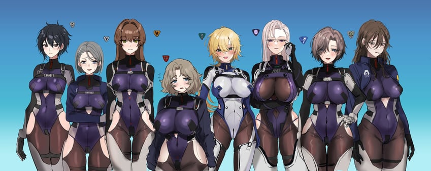 v.iv rusty, v.ii snail, v.i freud, v.vi maeterlinck, v.iii o'keeffe, and 3 more (armored core and 1 more) drawn by hominamia