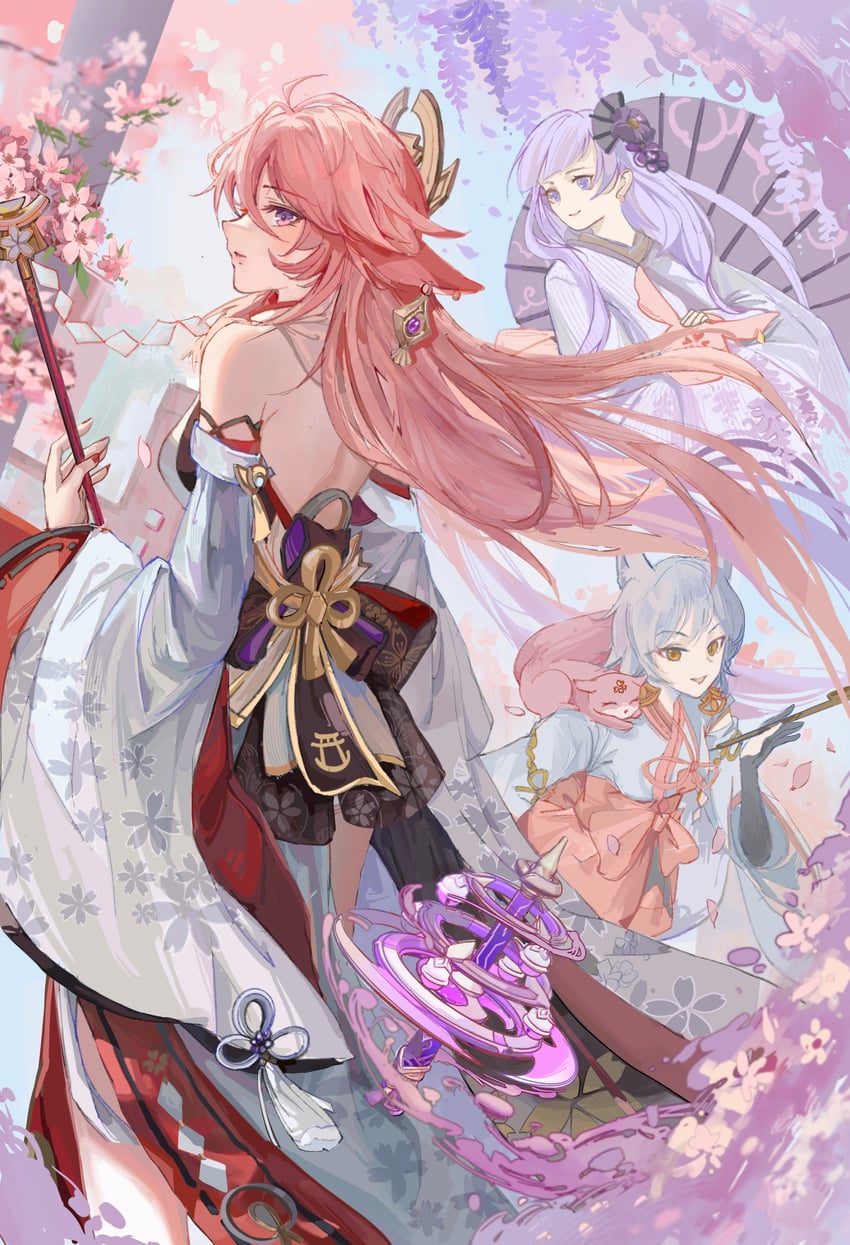 yae miko, makoto, and kitsune saiguu (genshin impact) drawn by weibo_tang