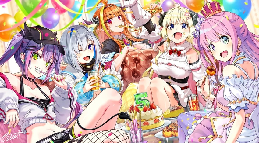 tokoyami towa, amane kanata, kiryu coco, tsunomaki watame, himemori luna, and 1 more (hololive) drawn by buru-dai