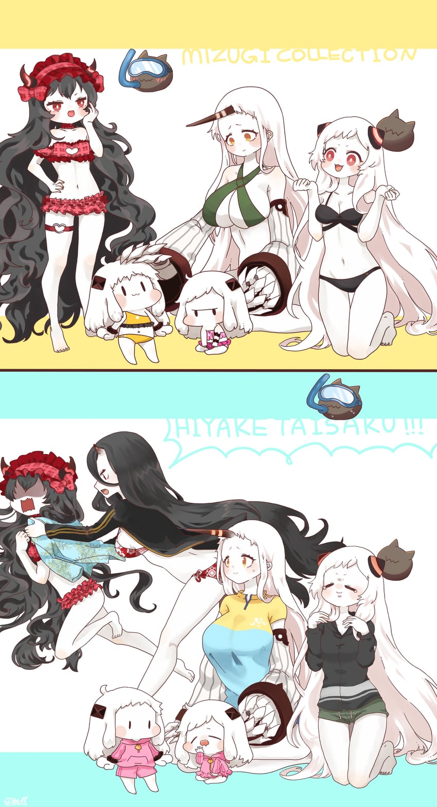 northern ocean princess, seaport princess, enemy aircraft, airfield princess, isolated island oni, and 1 more (kantai collection) drawn by kobone