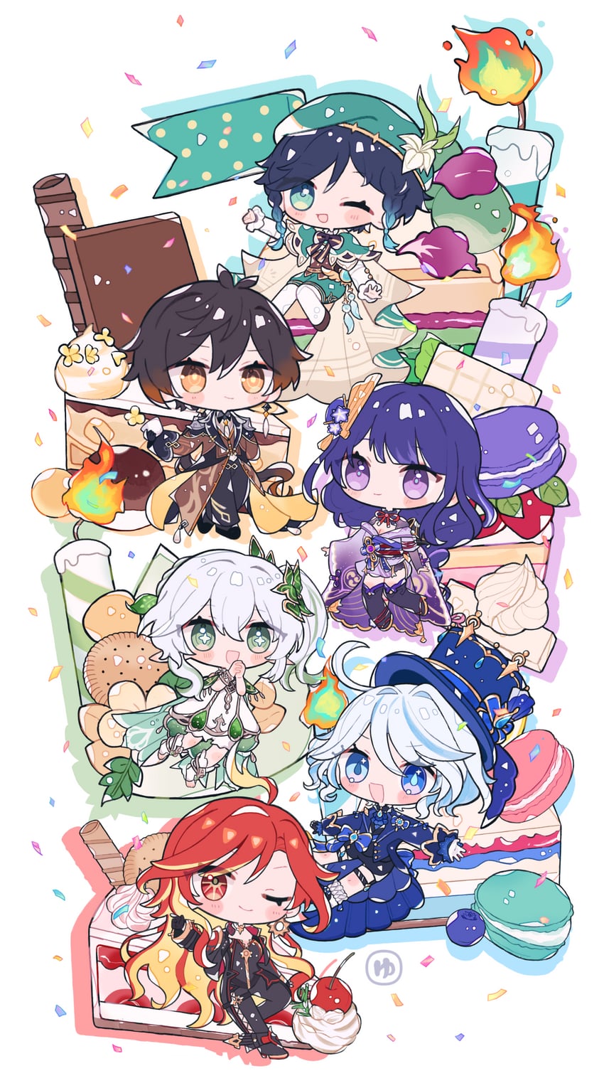 raiden shogun, furina, nahida, zhongli, venti, and 1 more (genshin impact) drawn by poe_www