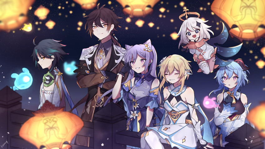ganyu, lumine, zhongli, keqing, paimon, and 2 more (genshin impact) drawn by himey