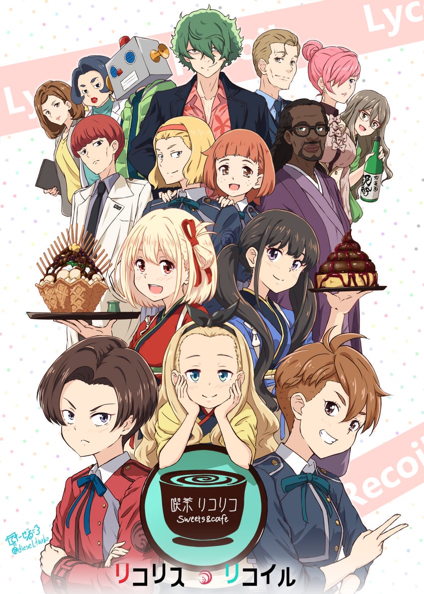 nishikigi chisato, inoue takina, kurumi, nakahara mizuki, harukawa fuki, and 10 more (lycoris recoil and 1 more) drawn by diesel-turbo