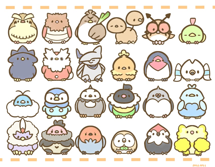 rowlet, piplup, torchic, wingull, swablu, and 15 more (pokemon) drawn by 773mimisuke