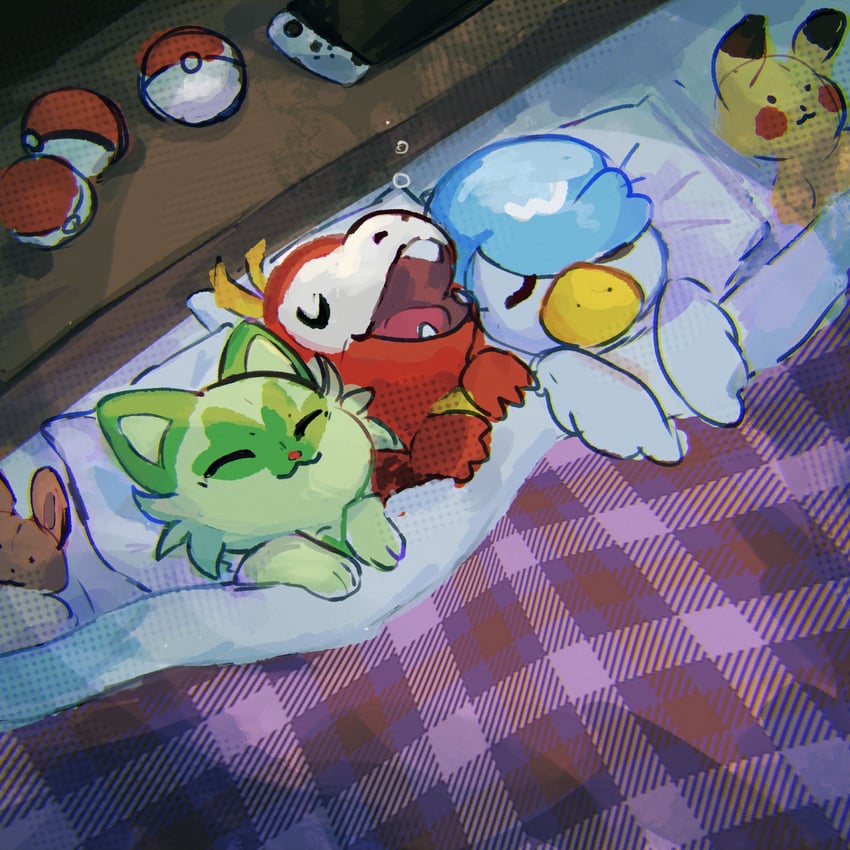 pikachu, eevee, sprigatito, fuecoco, and quaxly (pokemon) drawn by rookruff
