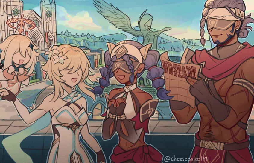 lumine, paimon, jeht, and jebrael (genshin impact) drawn by cheesecake1191