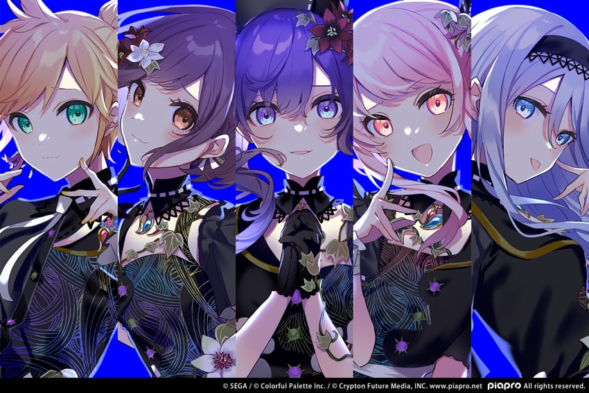 kagamine len, asahina mafuyu, shinonome ena, akiyama mizuki, yoisaki kanade, and 1 more (vocaloid and 2 more) drawn by saine