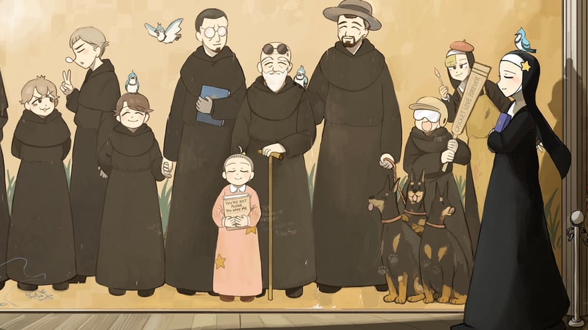 star nun, father, spicy nun's mother, blue jay monk, and cricket monk (little nuns) drawn by diva_(hyxpk)