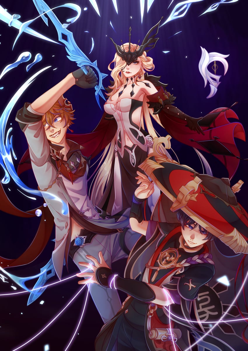 scaramouche, tartaglia, and signora (genshin impact) drawn by coffeerekohai