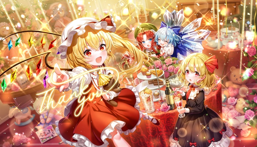 hakurei reimu, kirisame marisa, remilia scarlet, flandre scarlet, cirno, and 3 more (touhou and 1 more) drawn by mairo