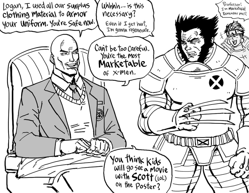wolverine, jubilee, and charles xavier (marvel and 1 more) drawn by bb_(baalbuddy)