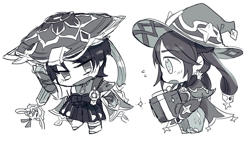 scaramouche, wanderer, and mona (genshin impact) drawn by iris_hapic