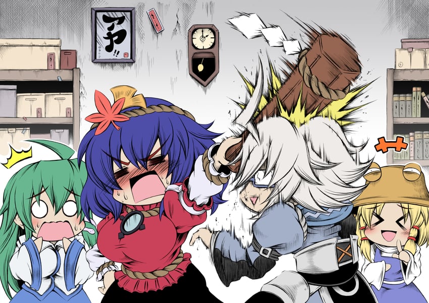 kochiya sanae, moriya suwako, yasaka kanako, and morichika rinnosuke (touhou) drawn by hidefu_kitayan