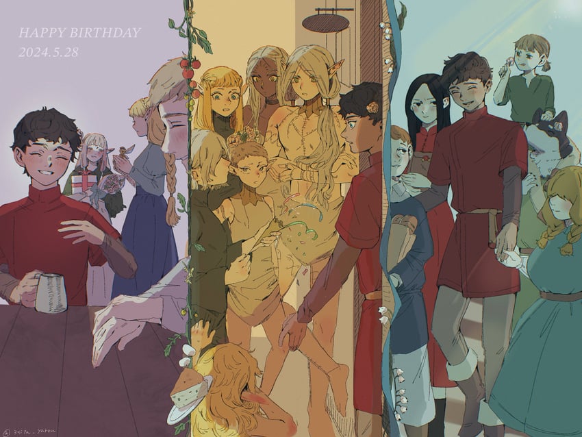 marcille donato, laios touden, mithrun, kabru, fleki, and 11 more (dungeon meshi) drawn by momite_(3sita_yarou)
