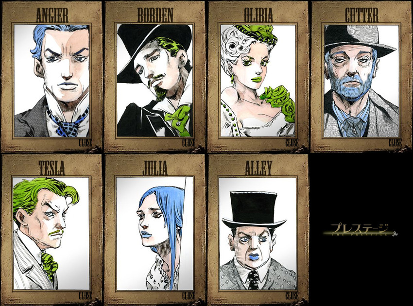 nikola tesla, rupert angier, olivia wenscombe, alfred borden, mr alley, and 2 more (the prestige) drawn by araki_hirohiko