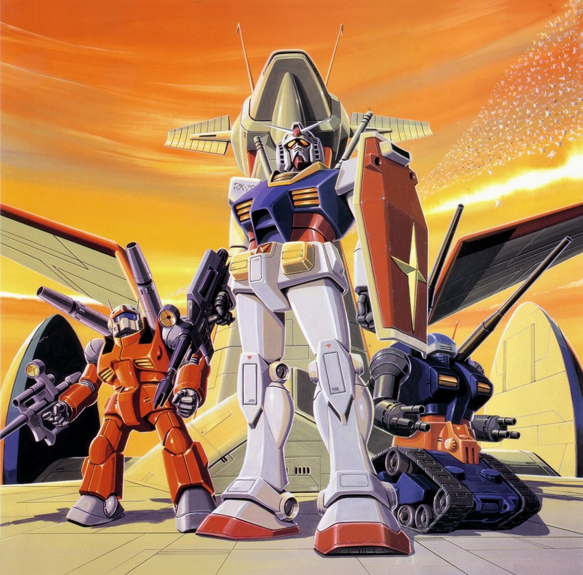 rx-78-2 gundam, guncannon, guntank, and white base (gundam and 1 more) drawn by ookawara_kunio