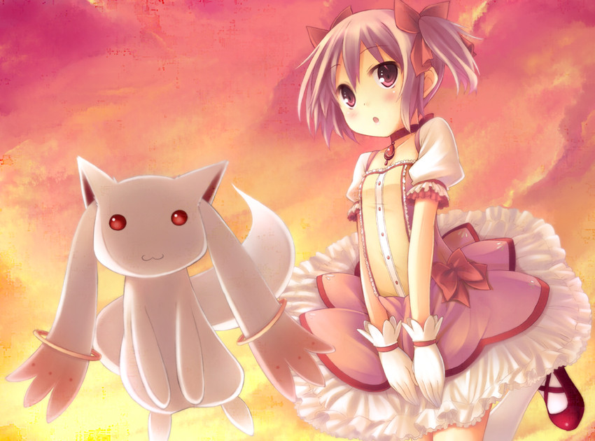 kaname madoka and kyubey (mahou shoujo madoka magica) drawn by ryo_(botugo)