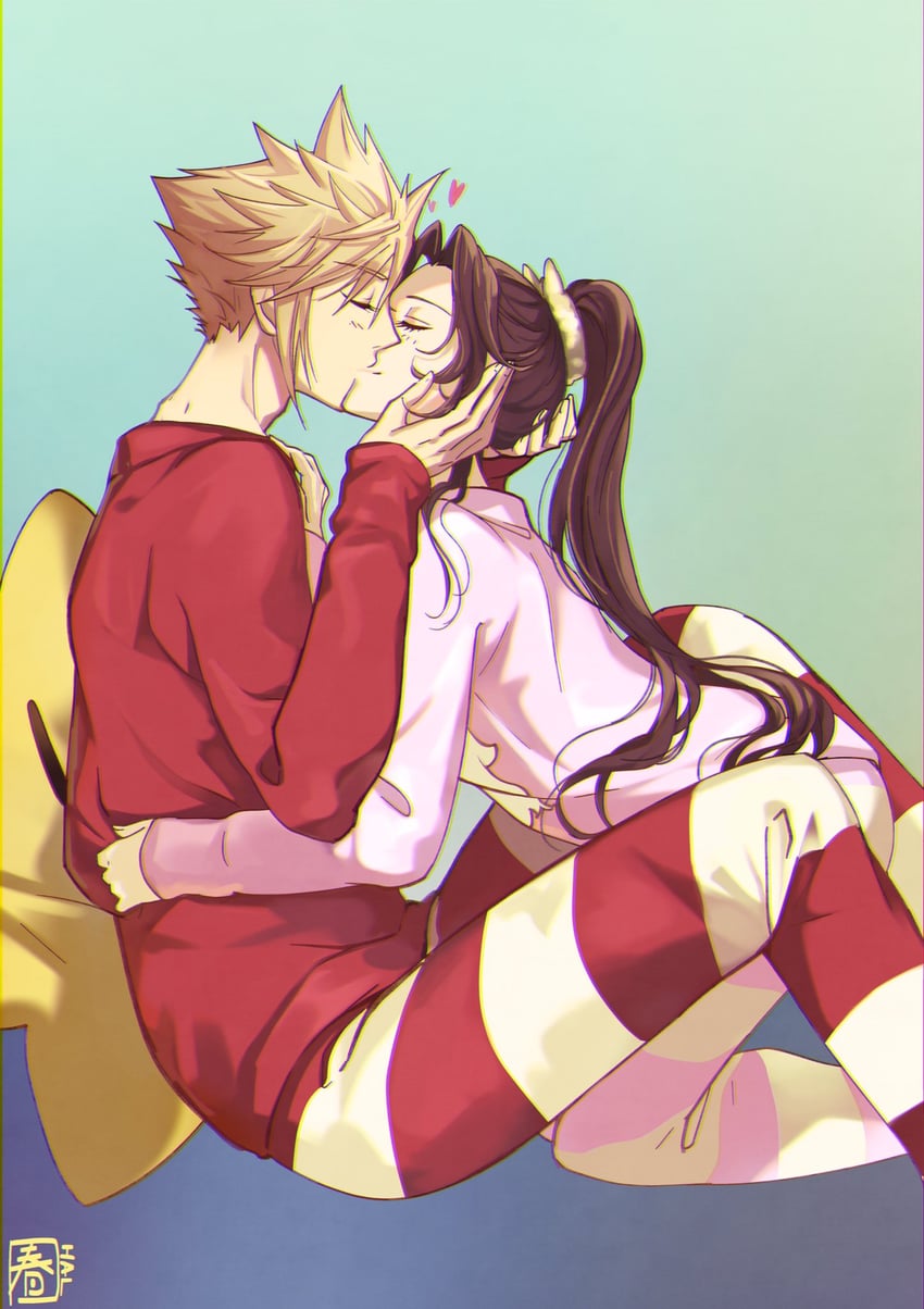 cloud strife and aerith gainsborough (final fantasy and 2 more) drawn by halu-ca