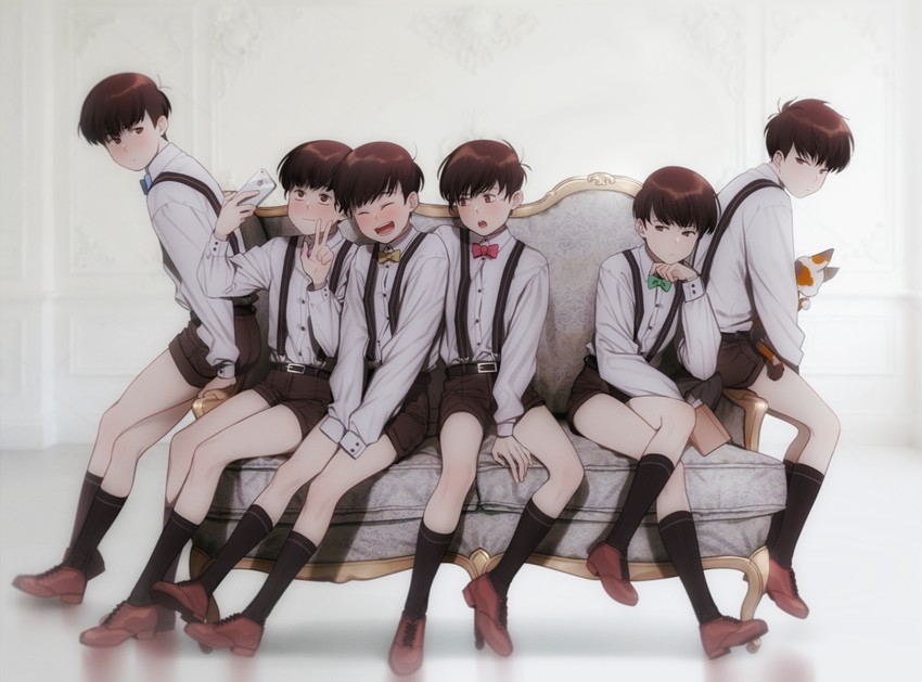 matsuno osomatsu, matsuno karamatsu, matsuno ichimatsu, matsuno jyushimatsu, matsuno choromatsu, and 1 more (osomatsu and 1 more) drawn by weyowang