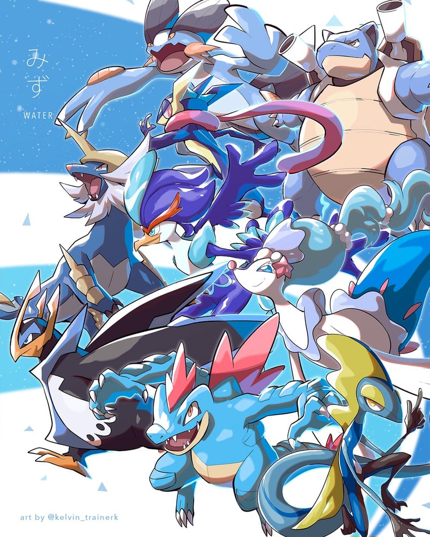 greninja, primarina, blastoise, inteleon, feraligatr, and 4 more (pokemon) drawn by kelvin-trainerk