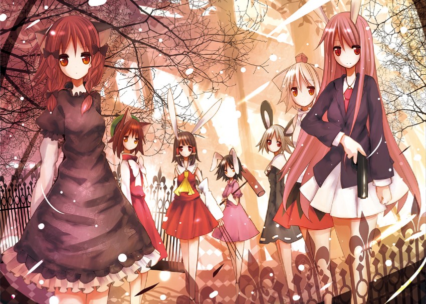 hakurei reimu, reisen udongein inaba, inubashiri momiji, kaenbyou rin, chen, and 2 more (touhou) drawn by catbell