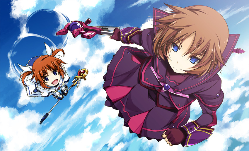 takamachi nanoha, raising heart, stern the destructor, and luciferion (lyrical nanoha and 4 more) drawn by shikei