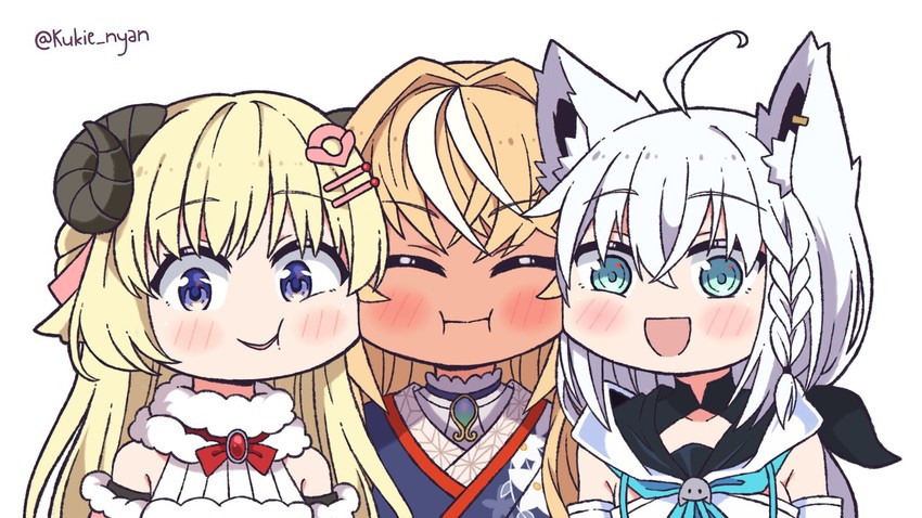 shirakami fubuki, shiranui flare, and tsunomaki watame (hololive) drawn by kukie-nyan