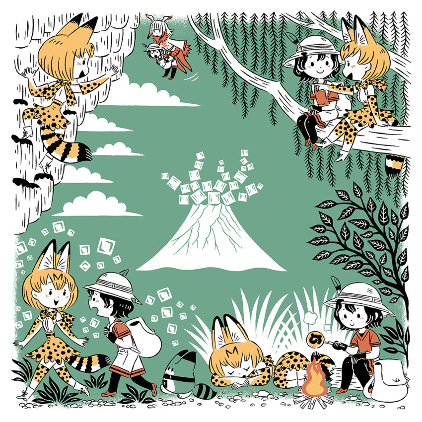 serval, kaban, lucky beast, and japanese crested ibis (kemono friends) drawn by tajima_naoto