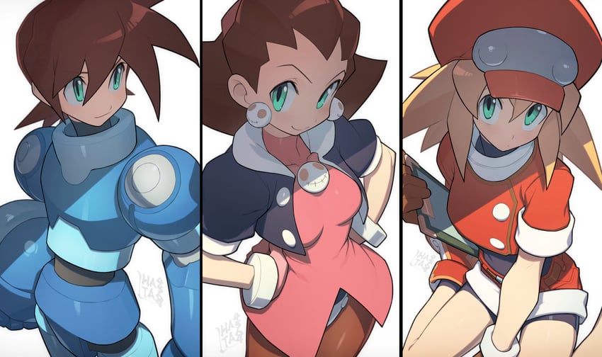 tron bonne, roll caskett, and mega man volnutt (mega man and 1 more) drawn by hata4564
