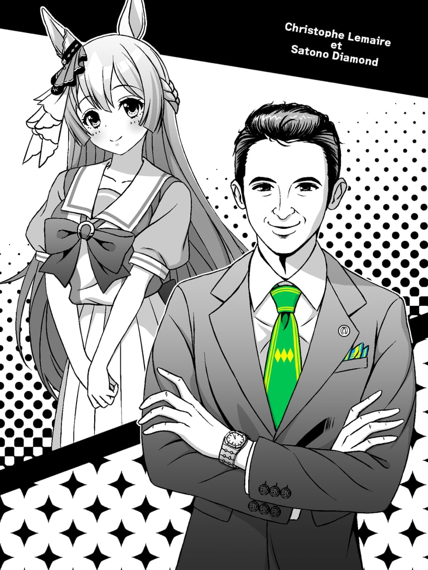 trainer, satono diamond, and christophe lemaire (umamusume and 1 more) drawn by sugimotty_nova