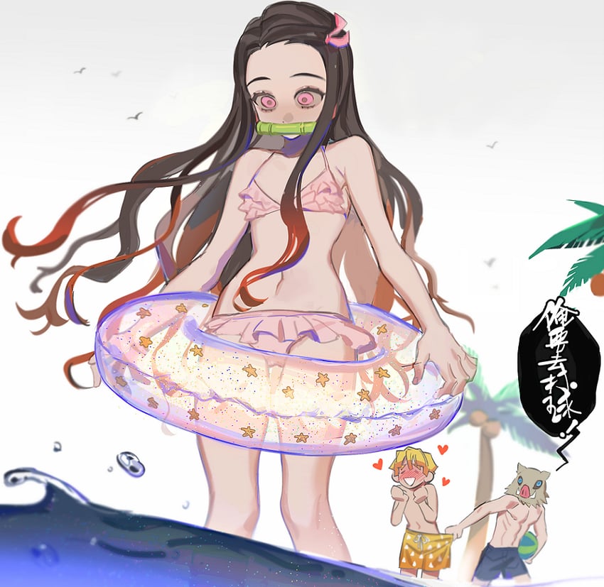 kamado nezuko, agatsuma zenitsu, and hashibira inosuke (kimetsu no yaiba) drawn by wuliu_heihuo