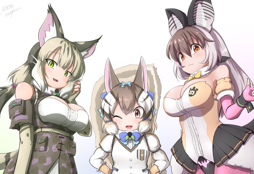 brown long-eared bat, siberian chipmunk, and jungle cat (kemono friends and 1 more) drawn by taurine_8000mg
