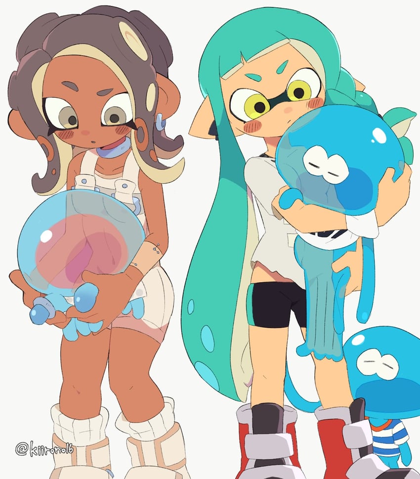 inkling player character, inkling girl, octoling player character, octoling girl, jellyfish, and 1 more (splatoon and 2 more) drawn by kiirono