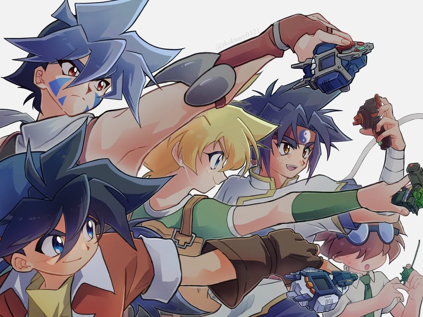 hiwatari kai, kinomiya takao, kon rei, mizuhara max, and kyouju (beyblade and 1 more) drawn by tkoknmy0321
