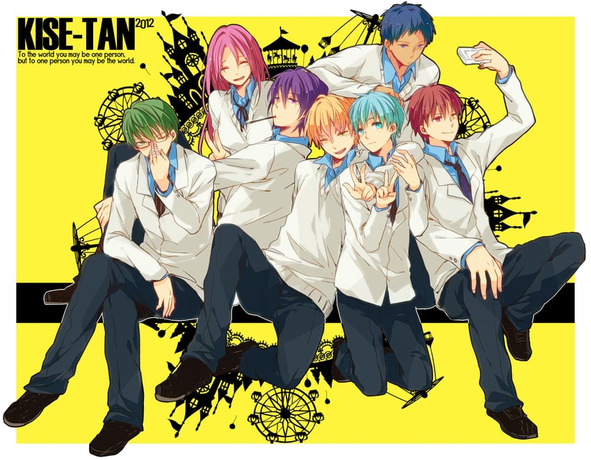 kuroko tetsuya, aomine daiki, kise ryouta, akashi seijuurou, midorima shintarou, and 2 more (kuroko no basuke) drawn by krk-anise