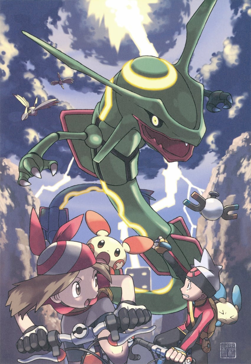may, brendan, rayquaza, minun, plusle, and 1 more (pokemon and 1 more) drawn by sugimori_ken