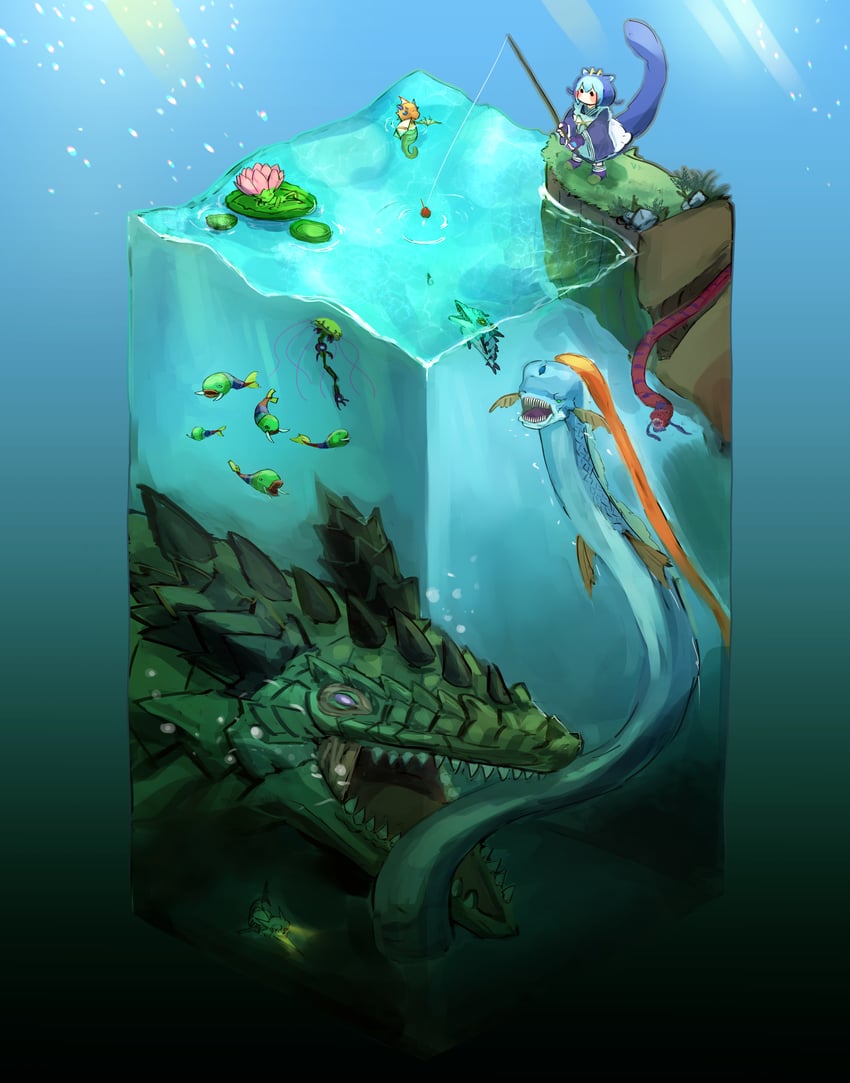 laundry dragonmaid, samsara lotus, 7 colored fish, giant red seasnake, abyssal kingshark, and 5 more (yu-gi-oh!) drawn by hatano_kiyoshi