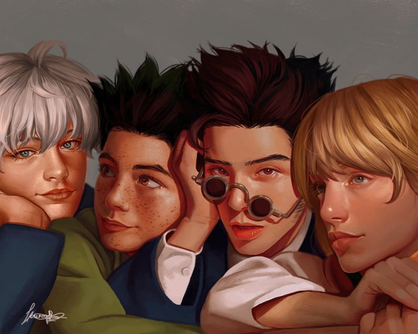 killua zoldyck, kurapika, gon freecss, and leorio paladiknight (hunter x hunter) drawn by laurarts_23