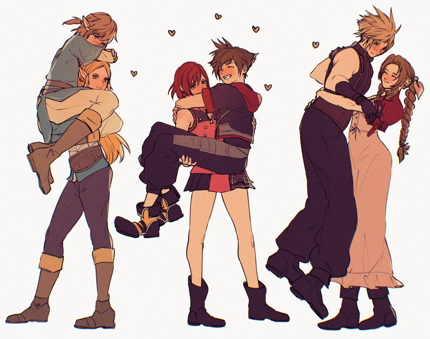 link, princess zelda, cloud strife, aerith gainsborough, sora, and 1 more (final fantasy and 7 more) drawn by sera_(serappi)