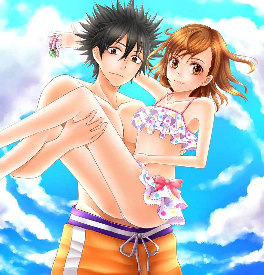 misaka mikoto, kamijou touma, and gekota (toaru majutsu no index and 1 more) drawn by nyamaso