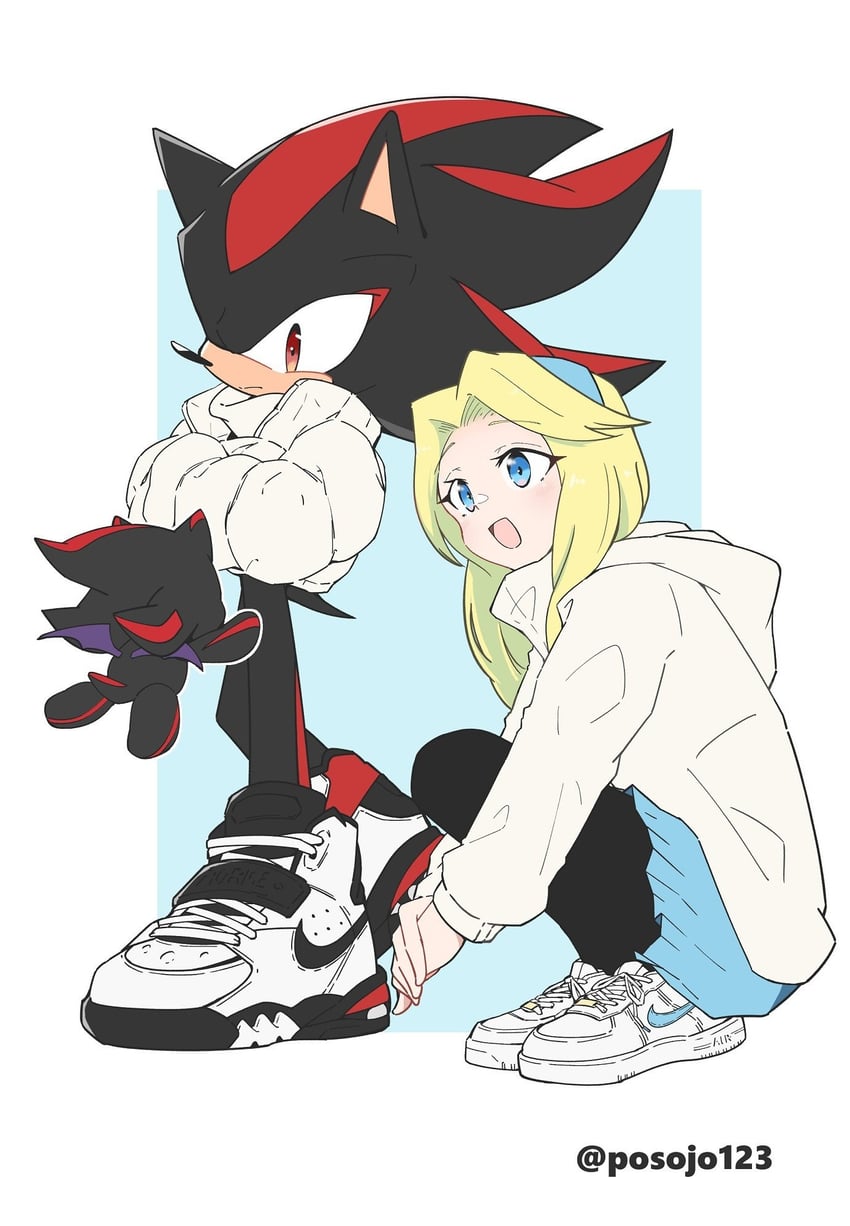 shadow the hedgehog, maria robotnik, dark chao, and shadow chao (sonic) drawn by posojo123