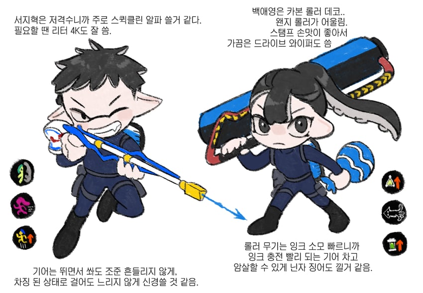 inkling player character, jihyeok seo, and baek ae-young (splatoon and 1 more) drawn by domihuman