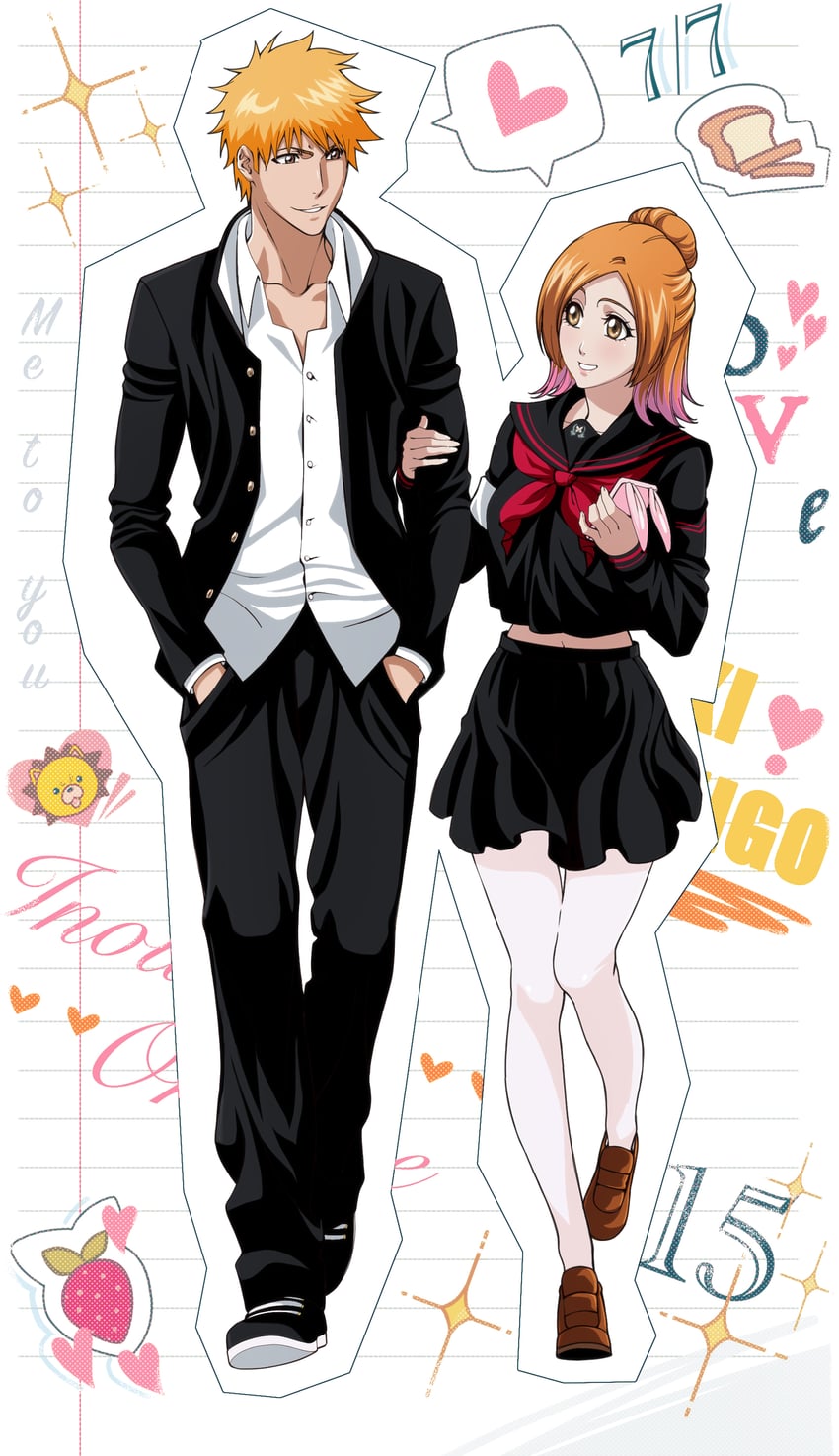 inoue orihime and kurosaki ichigo (bleach) drawn by rozuberry